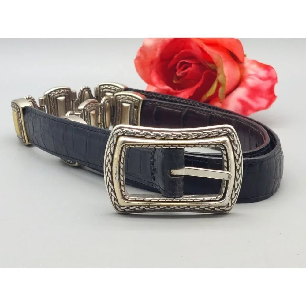 Black & Two Tone Silver & Gold Faux Croc Leather Western Belt Size M Cowgirl